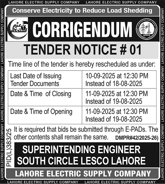 Lahore Electric Supply Company Lahore Tender Notice